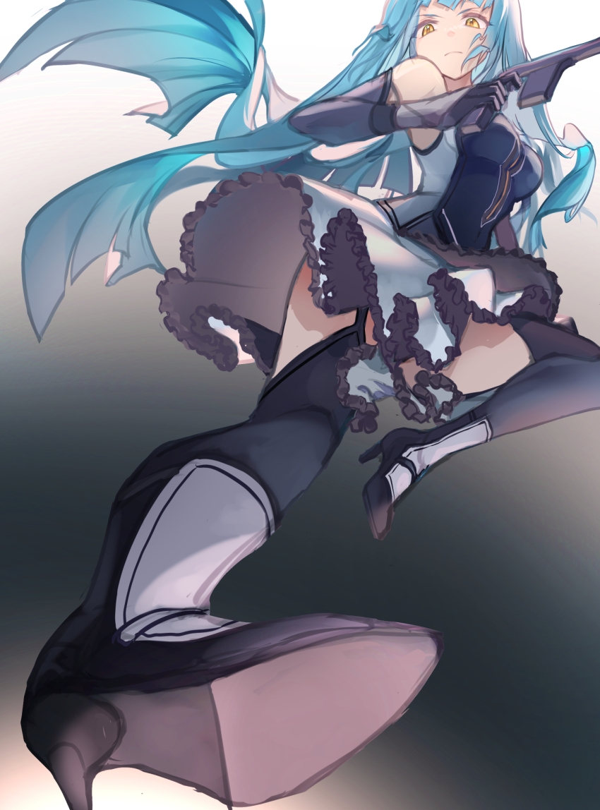 1girl blue_hair blunt_bangs breasts eiyuu_densetsu floating_hair frilled_skirt frills gradient_background gun handgun high_heels high_kick highres hime_cut holding holding_gun holding_weapon kai_no_kiseki kicking kuro_no_kiseki_(series) long_hair medium_breasts rider_kick risette_twinings skirt solo weapon willfin yellow_eyes