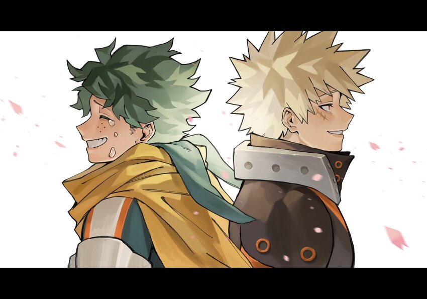2boys back-to-back bakugou_katsuki blonde_hair boku_no_hero_academia cherry_blossoms closed_eyes collared_shirt commentary_request cowl crying facial_hair facial_scar falling_petals freckles green_hair grin highres letterboxed looking_ahead male_focus midoriya_izuku multiple_boys nebikkurishita petals popped_collar profile scar scar_on_cheek scar_on_face scarf shirt sideburns sideburns_stubble smile spiked_hair stubble superhero_costume tears teeth wavy_hair white_background yellow_scarf
