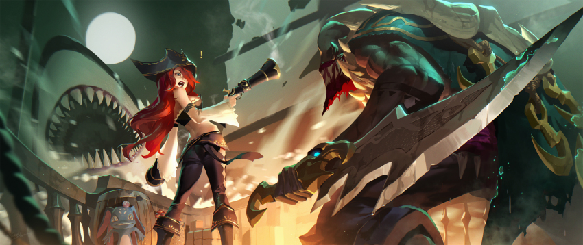 ! 1girl ambush bare_shoulders blue_eyes breasts chomper detached_sleeves dual_wielding fighting fizz_(league_of_legends) from_behind full_moon gun hair_over_one_eye hat highres holding large_breasts league_of_legends long_hair looking_back midriff miss_fortune_(league_of_legends) moon night open_mouth pirate_hat pyke pyke_(league_of_legends) red_hair rekaerb_maerd shark smoke standing surprised weapon