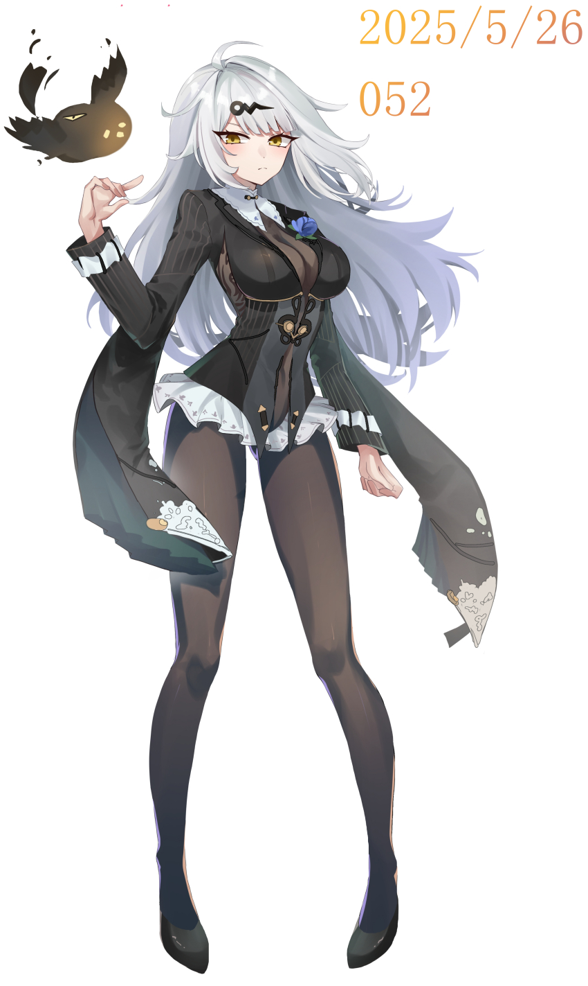 1girl absurdres bird black_bird black_pantyhose black_shirt black_unitard blue_flower blue_rose bodystocking breasts flower flower_on_chest full_body hair_ornament highres large_breasts long_hair official_alternate_costume pantyhose rose shirt single_hair_intake white_background white_hair yaoyaozi_bu_shi_renjian_yanhuo yellow_eyes yi_xuan_(zenless_zone_zero) yixuan_(trails_of_ink)_(zenless_zone_zero) zenless_zone_zero