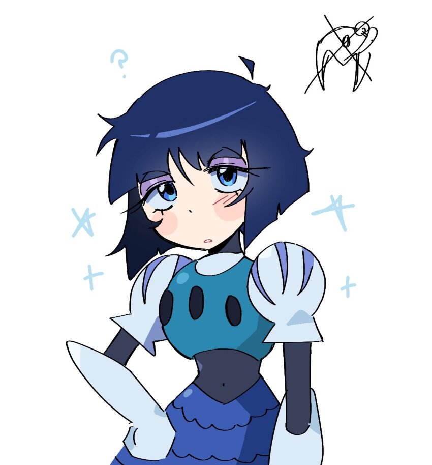 1girl ? android blue_eyes blue_hair capcom elbow_gloves gloves highres koasku mega_man_(classic) mega_man_(series) mega_man_9 robot robot_girl short_hair simple_background solo splash_woman white_background