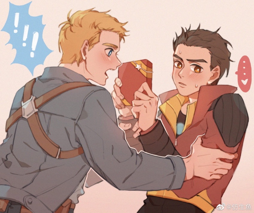! ... 2boys avengers_(series) avengers_academy back black_shirt blonde_hair blue_eyes blush box brown_eyes brown_hair chinese_commentary commentary_request cowboy_shot fingernails gift gift_box grabbing_another&#039;s_arm grey_jacket hands_up heart highres holding holding_box jacket long_sleeves looking_afar looking_at_another male_focus marvel multiple_boys nervous open_clothes open_jacket open_mouth pink_background red_jacket shirt short_hair simple_background spoken_ellipsis spoken_heart standing steve_rogers sweatdrop t-shirt tony_stark yaoi yizilu699