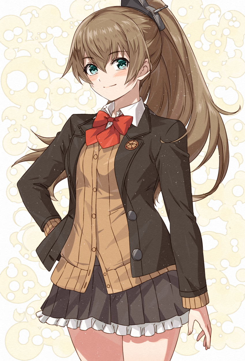 1girl blazer blue_eyes bow bowtie brown_cardigan brown_hair brown_jacket brown_serafuku brown_skirt cardigan gradient_background hair_ornament hairclip highres jacket kanmiya_shinobu kantai_collection kumano_(kancolle) kumano_kai_ni_(kancolle) long_hair long_sleeves orange_bow orange_bowtie pleated_skirt ponytail red_bow red_bowtie school_uniform serafuku skirt smile thighhighs yellow_background