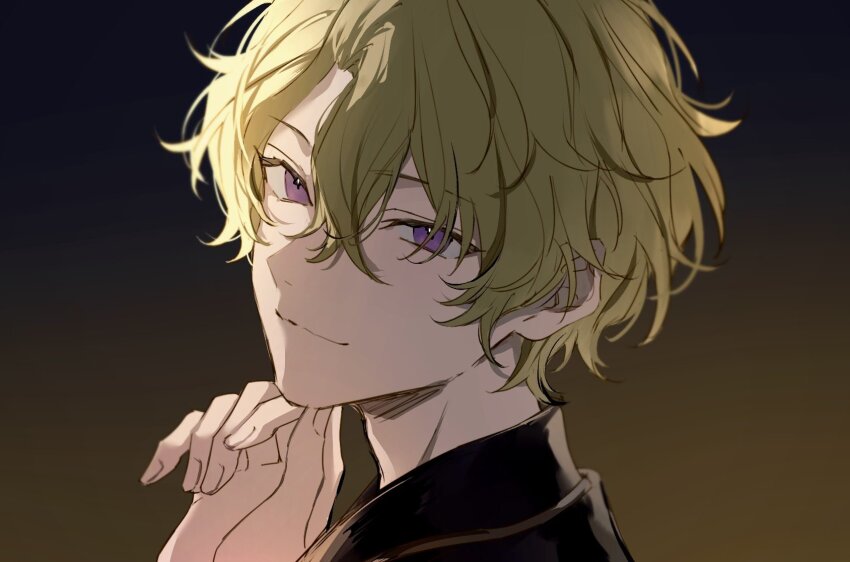 1boy asymmetrical_bangs black_shirt close-up closed_mouth collared_shirt ensemble_stars! from_side green_hair hand_on_own_chin head_tilt highres looking_at_viewer male_focus nozz177 purple_eyes shadow shirt short_hair sidelighting smile solo tomoe_hiyori wavy_hair
