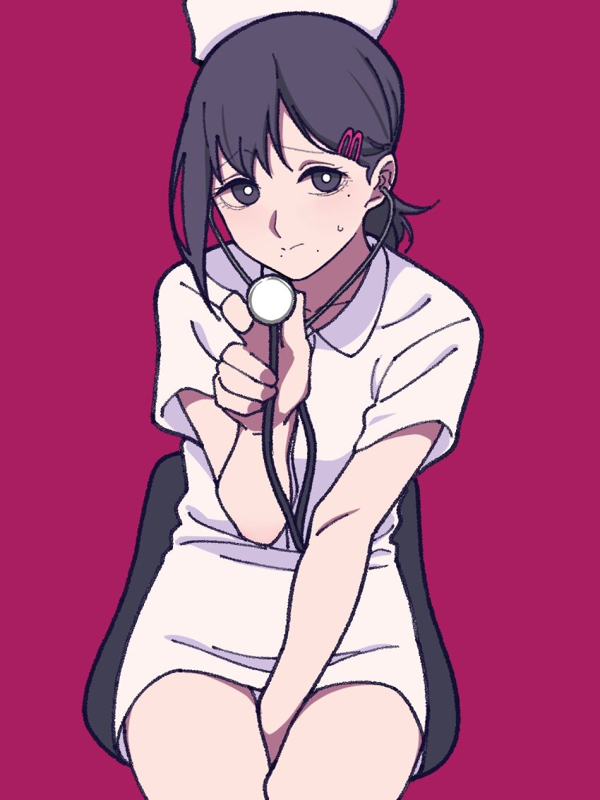 1girl alternate_costume between_legs black_eyes black_hair chainsaw_man chair closed_mouth dress hair_ornament hairclip hand_between_legs hat higashiyama_kobeni highres holding holding_stethoscope kashiwa_(iersansi) looking_at_viewer mole mole_under_eye mole_under_mouth nurse nurse_cap red_background short_dress short_sleeves simple_background sitting solo stethoscope sweat white_dress white_hat