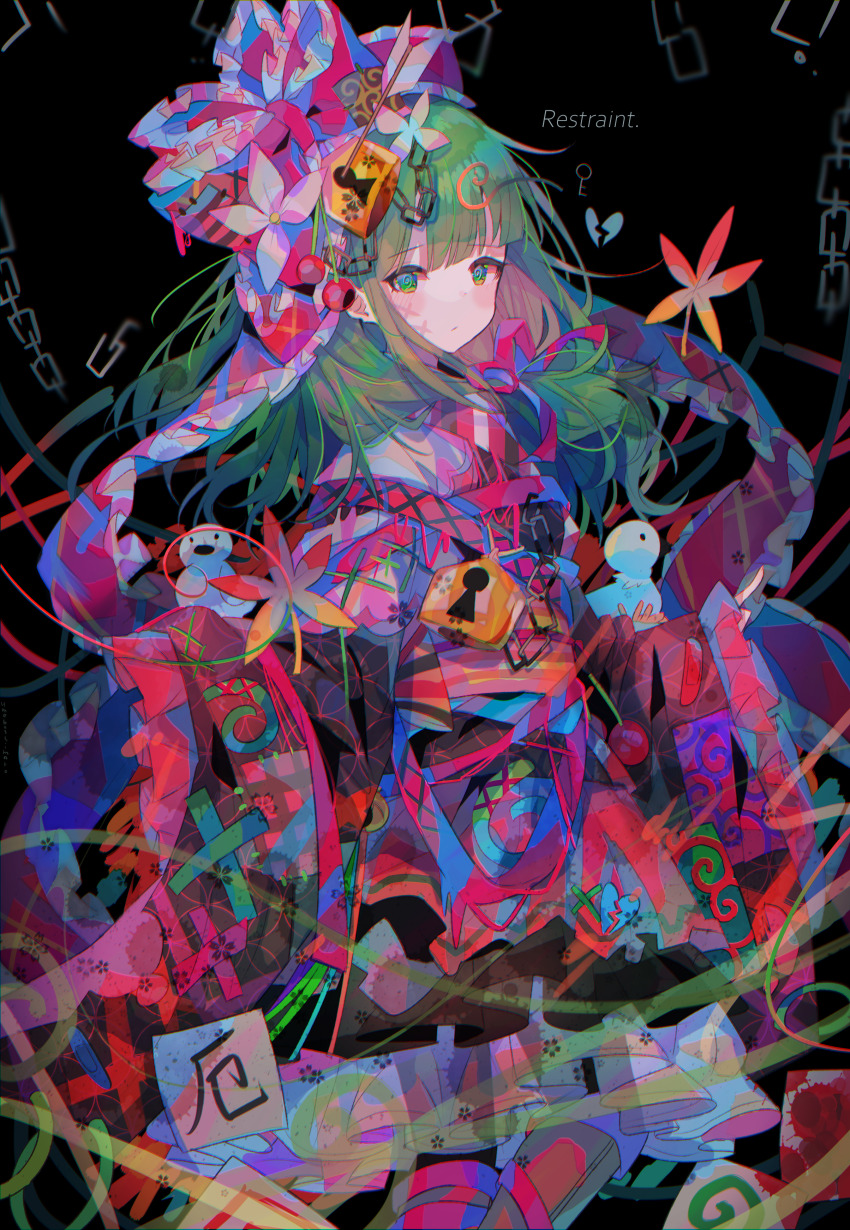 1girl absurdres alternate_costume bow dress floral_print frilled_dress frilled_ribbon frilled_skirt frills front_ponytail green_eyes green_hair hair_bow hair_ribbon highres japanese_clothes kagiyama_hina kimono lock looking_at_viewer medium_hair ribbon short_kimono short_yukata skirt solo spinning touhou umemaro_(siona0908) wide_sleeves yukata