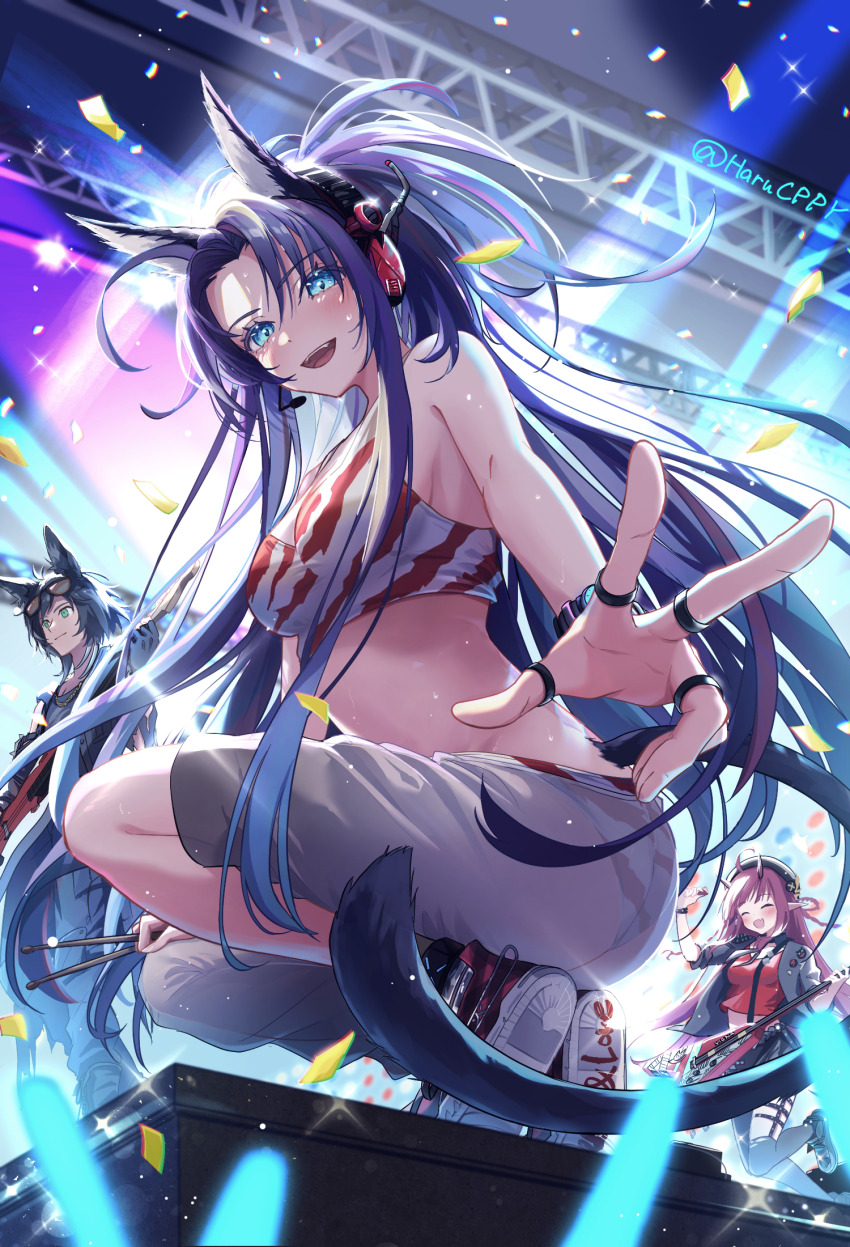 1boy 2girls ambience_synesthesia animal_ears arknights artist_name asymmetrical_pants bare_shoulders black_gloves black_hair black_pants black_skirt blaze_(arknights) blaze_(burst_feline)_(arknights) blue_eyes blue_hair bracelet cat_ears cat_tail closed_eyes courier_(arknights) courier_(speechless_sound)_(arknights) drumsticks electric_guitar eyewear_on_head fingerless_gloves gloves guitar haru.cp headphones headset highres holding holding_drumsticks horns instrument jacket jewelry long_hair looking_at_viewer midriff multiple_girls multiple_rings official_alternate_costume open_clothes pants pointy_ears red_hair red_shirt ring shirt skirt smile spiked_jacket studded_bracelet sunglasses tail tank_top vigna_(arknights) vigna_(black_wave)_(arknights) w watch white_tank_top wristwatch