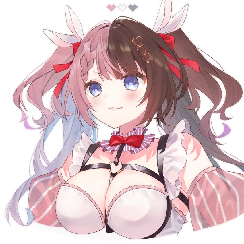 1girl blue_eyes blush bow bowtie breasts brown_hair chest_harness closed_mouth commentary cropped_torso hair_ribbon harness hashtag-only_commentary heart highres large_breasts long_hair multicolored_hair okome_(omc_0905) pink_hair red_bow red_bowtie red_ribbon ribbon simple_background solo split-color_hair tachibana_hinano tachibana_hinano_(vspo!_summer_2024) two-tone_hair virtual_youtuber vspo! white_background