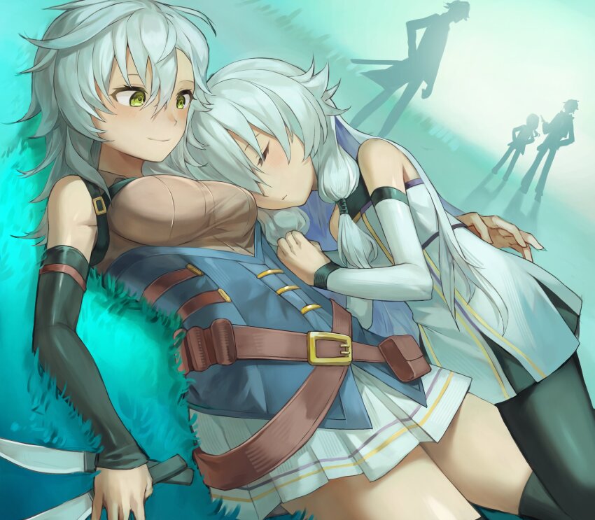 2boys 3girls absurdres altina_orion breasts cancanbaobao55 closed_eyes double-parted_bangs eiyuu_densetsu fie_claussell grass green_eyes hair_between_eyes highres kai_no_kiseki knife kuro_no_kiseki_(series) lapis_rosenberg long_hair multiple_boys multiple_girls on_grass rean_schwarzer rufus_albarea sideburns skirt sleeping small_breasts smile sword thighhighs weapon white_hair