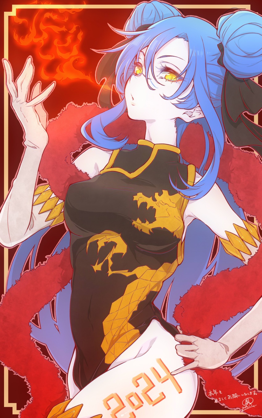 1girl 2024 absurdres blue_hair breasts breath_weapon breathing_fire china_dress chinese_clothes detached_sleeves double_bun dress fire hair_bun highres large_breasts long_hair ootori_karen solo tensei_shitara_slime_datta_ken thighs velgrynd_(tensura) white_sleeves yellow_eyes