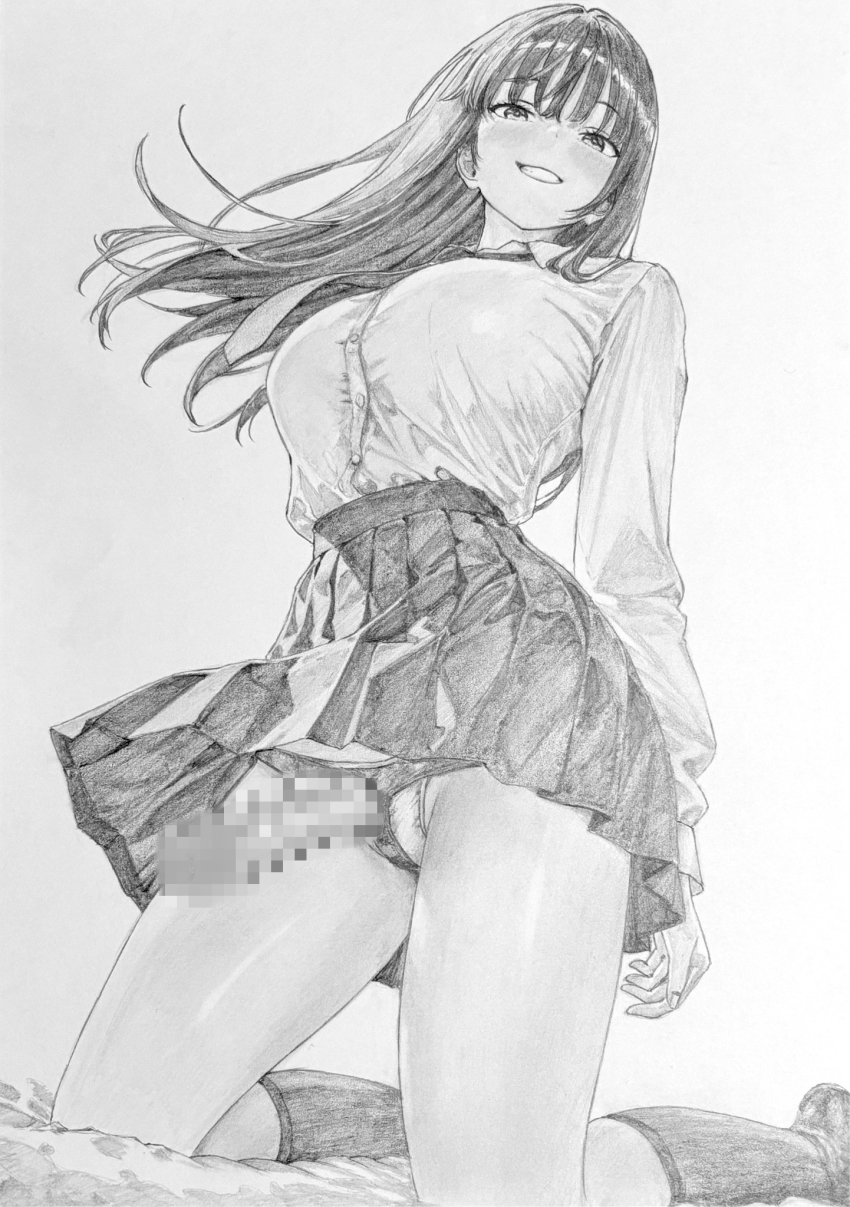 1girl breasts censored commentary_request dildo floating_hair from_below full_body graphite_(medium) greyscale grin highres kneeling large_breasts lensia long_hair long_sleeves looking_at_viewer monochrome mosaic_censoring original panties pleated_skirt school_uniform sex_toy shirt skirt smile socks solo strap-on traditional_media underwear wispy_bangs
