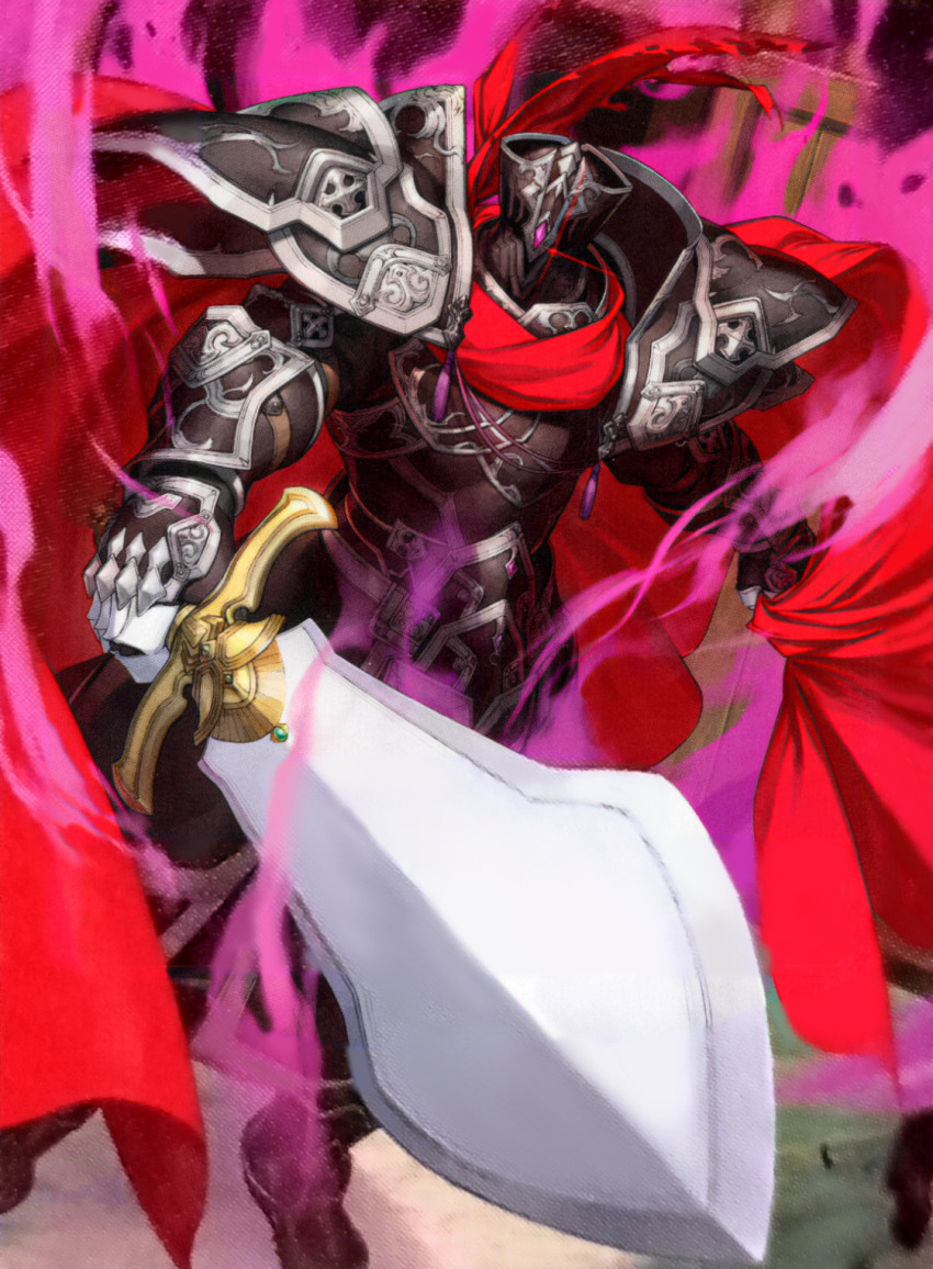 1boy alondite armor aura azusa_(hws) black_knight_(fire_emblem) cape commentary fire_emblem fire_emblem:_path_of_radiance fire_emblem_cipher full_armor glowing glowing_eye highres holding holding_sword holding_weapon male_focus nintendo official_art red_cape scan solo sword third-party_source weapon