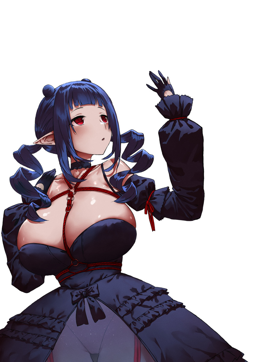 1girl absurdres black_collar black_dress black_gloves black_ribbon black_sleeves blue_hair blush breasts cleavage collar curly_hair curvy detached_collar detached_sleeves detexted dizzy_dokuro dizzy_dokuro_(1st_costume) double_bun dress drill_hair frills gloves hair_bun haraya_manawari highres huge_breasts long_hair low_twintails o-ring partially_fingerless_gloves phase_connect pointy_ears red_eyes red_rope ribbon rope see-through_clothes see-through_dress shibari simple_background solo thighs third-party_edit third-party_extraction twin_drills twintails virtual_youtuber white_background