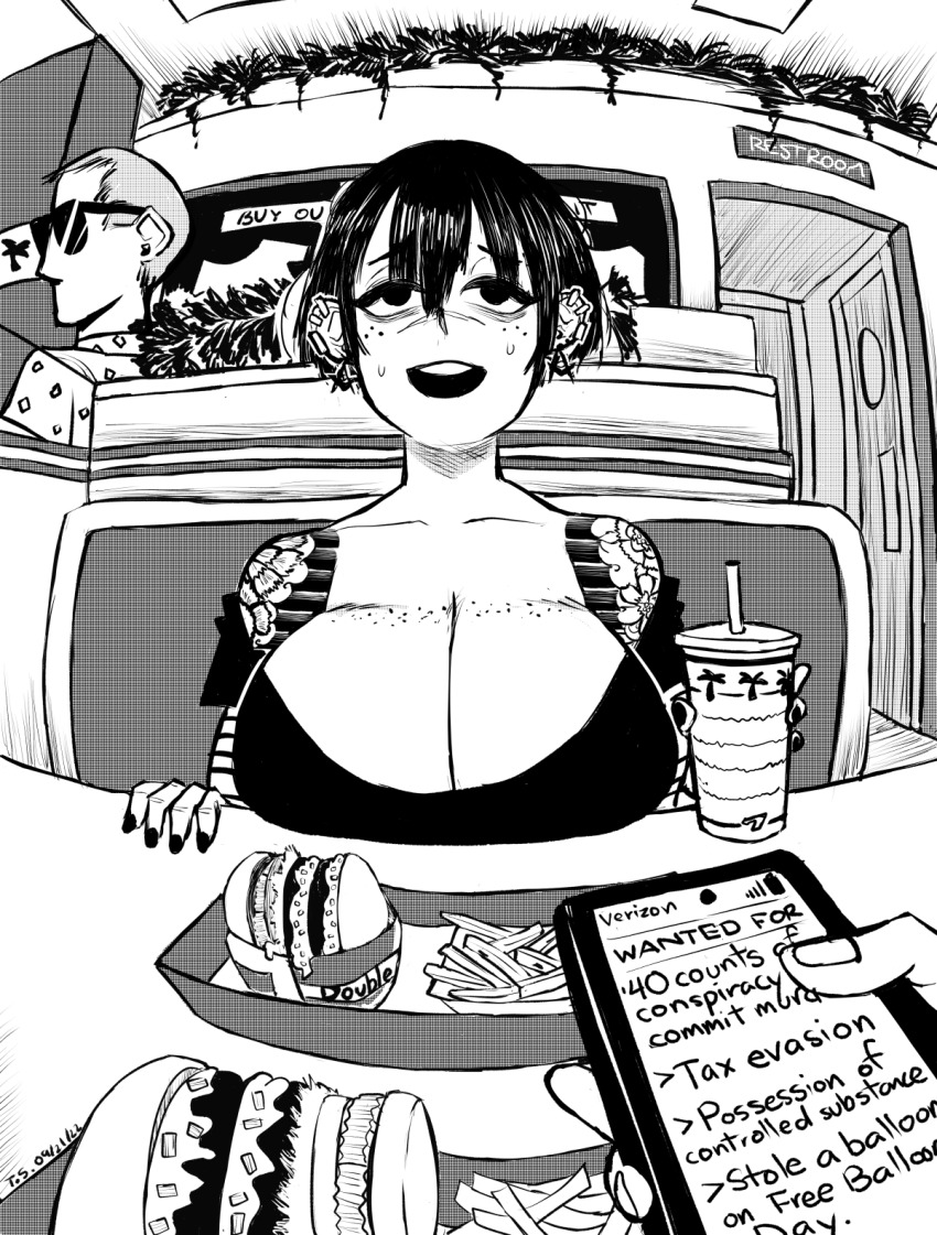 1boy 1girl arm_tattoo black_hair black_nails breasts burger cellphone cleavage cup disposable_cup drinking_straw earrings english_text fast_food food freckles freckles_on_breasts french_fries gekikara_(tomboy-sama) highres irezumi jewelry large_breasts long_sleeves loose_clothes loose_shirt multiple_earrings nail_polish original phone scar scar_on_face shirt smartphone sunglasses sweat tattoo wanted_poster yakuza