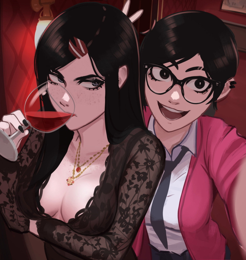 2girls annoyed arm_under_breasts black-framed_eyewear black_eyes black_hair black_nails black_necktie black_shirt blue_eyes body_freckles breasts bunny_ears_prank cardigan cleavage cup dress_shirt drinking drinking_glass earclip excited floral_print_shirt freckles glasses highres indoors jewelry kadence_(veyonis) lace_shirt lace_trim large_breasts long_hair looking_at_another medium_breasts multiple_girls necktie open_mouth original pink_cardigan ponytail rosen_(veyonis) see-through_clothes selfie shirt short_hair straight_hair v veyonis white_shirt wide-eyed wine_glass