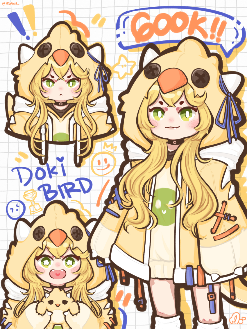 ! !! 1girl absurdres alternate_costume bird_hood blonde_hair character_name choker dokibird_(vtuber) dokibird_(vtuber)_(retro_doki) dragoon_(dokibird) feet_out_of_frame green_eyes heart highres hitominty hood hoodie indie_virtual_youtuber milestone_celebration multiple_views shirt smile virtual_youtuber white_background yellow_hoodie yellow_shirt