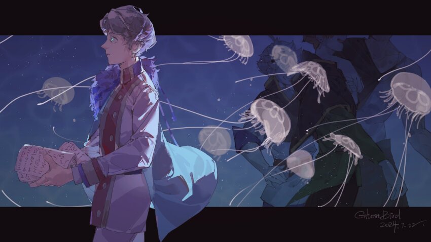4boys aristocratic_clothes asta_(black_clover) black_bulls black_capelet black_clover blue_background blue_eyes book brown_hair cape capelet cowboy_shot expressionless finral_roulacase from_side fur-trimmed_collar fur_trim grimoire highres holding holding_book jacket jellyfish langris_vaude long_sleeves male_focus multiple_boys pants profile short_hair solo_focus white_jacket white_pants xingji20108 yami_sukehiro
