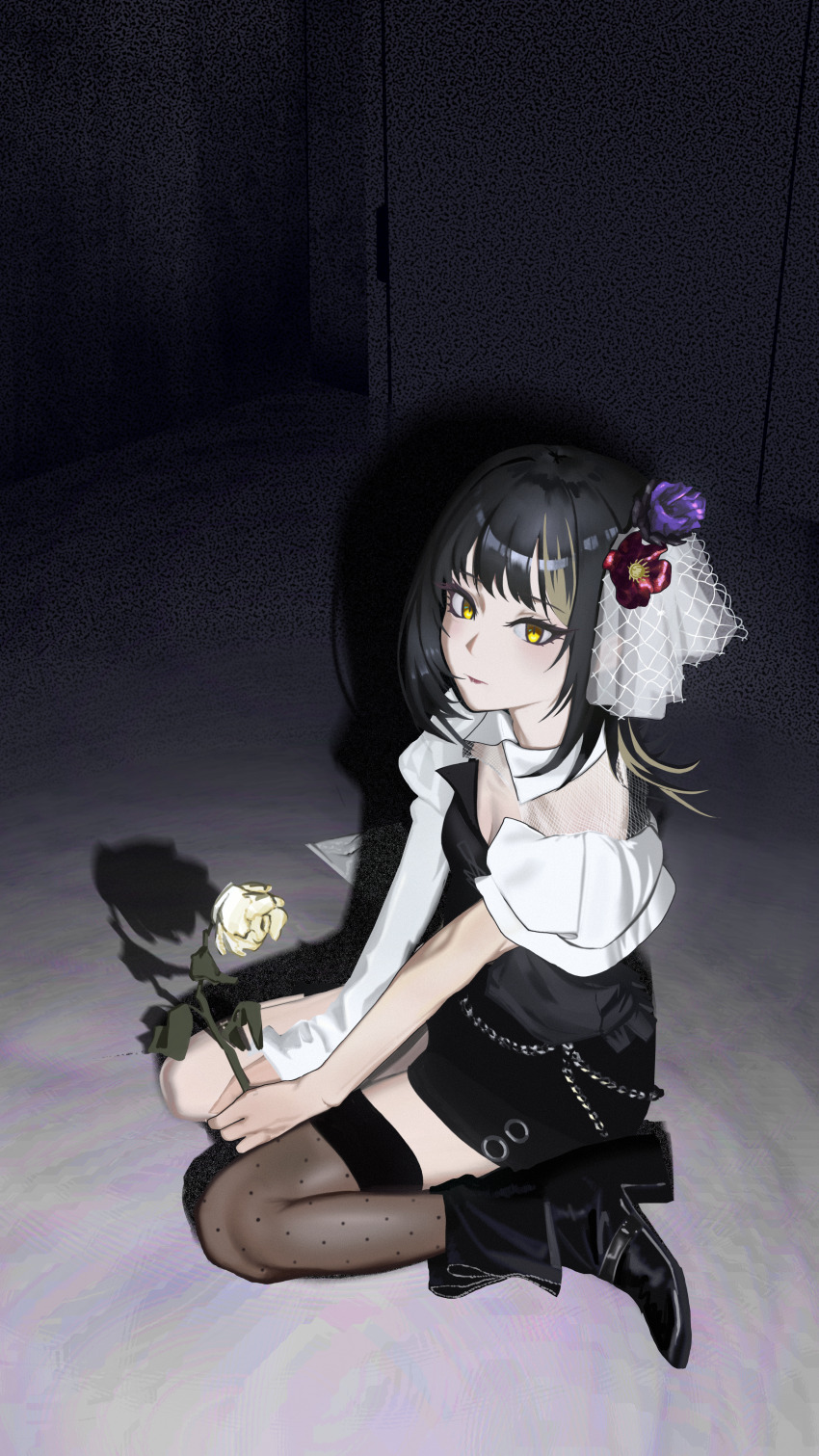 1girl absurdres black_boots black_dress black_hair blonde_streaks boots breasts cleavage closed_mouth dress flower full_body high_heel_boots high_heels highres holding holding_flower idolmaster idolmaster_shiny_colors ikaruga_luca indoors looking_at_viewer medium_hair multicolored_hair on_floor shadow single_sleeve single_thighhigh sitting solo streaked_hair thighhighs tomber wariza yellow_eyes