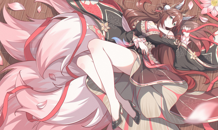 1girl absurdres animal_ears black_dress black_shoes breasts brown_hair chinese_commentary commentary_request dress fox_ears fox_girl fox_tail fugue_(honkai:_star_rail) full_body gradient_hair green_eyes hair_between_eyes hair_ornament high_heels highres honkai:_star_rail honkai_(series) kitsune kyuubi large_breasts long_hair lying multicolored_hair multiple_tails off_shoulder on_back phantom_racher pink_tail red_hair red_nails revision shoes solo tail tingyun_(honkai:_star_rail) two-tone_hair very_long_hair wide_sleeves