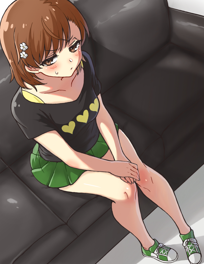 1girl absurdres black_shirt blush brown_eyes brown_hair collarbone embarrassed green_footwear green_skirt hair_ornament highres looking_at_viewer miniskirt misaka_mikoto monotsuki shirt short_hair skirt sweatdrop toaru_kagaku_no_railgun toaru_kagaku_no_railgun_s toaru_majutsu_no_index