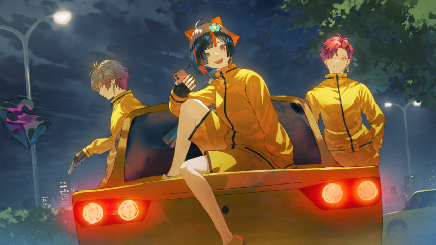 1girl 2boys black_hair blunt_bangs blunt_ends bow car choya_hanabi earrings facial_mark fagi_(kakikaki) fingerless_gloves flower_hairpin gloves grey_hair gun ha_yun hair_bow hands_in_pockets holding holding_gun holding_phone holding_weapon jacket jewelry knee_up lamppost motor_vehicle multicolored_hair multiple_boys neo-porte night nijisanji nijisanji_kr open_mouth parted_bangs phone ponytail red_hair shorts sitting streaked_hair tassel tassel_earrings tree virtual_youtuber vspo! weapon yagami_tsukumo yellow_jacket yellow_shorts
