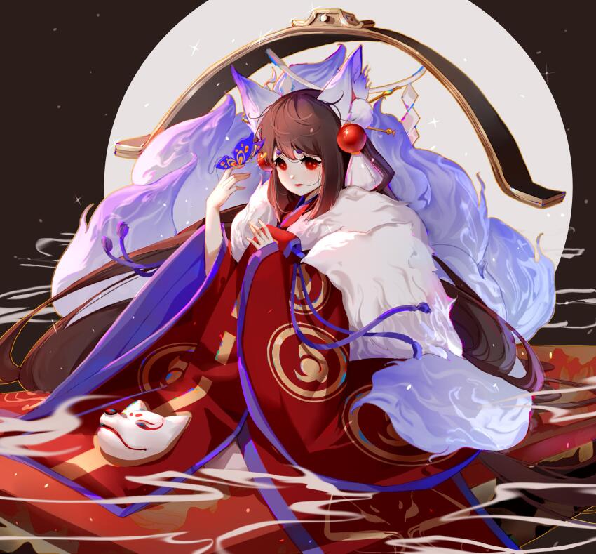 1girl absurdres aged_down animal_ears black_hair bug butterfly butterfly_on_hand circle dark_background feather_boa fox_ears fox_mask fox_tail genderswap genderswap_(mtf) hands_up highres insect japanese_clothes kimono long_hair long_sleeves mask unworn_mask multiple_tails onmyoji purple_butterfly red_eyes red_kimono red_lips solo tail tamamo_no_mae_(onmyoji) white_tail wide_sleeves yi_er_san