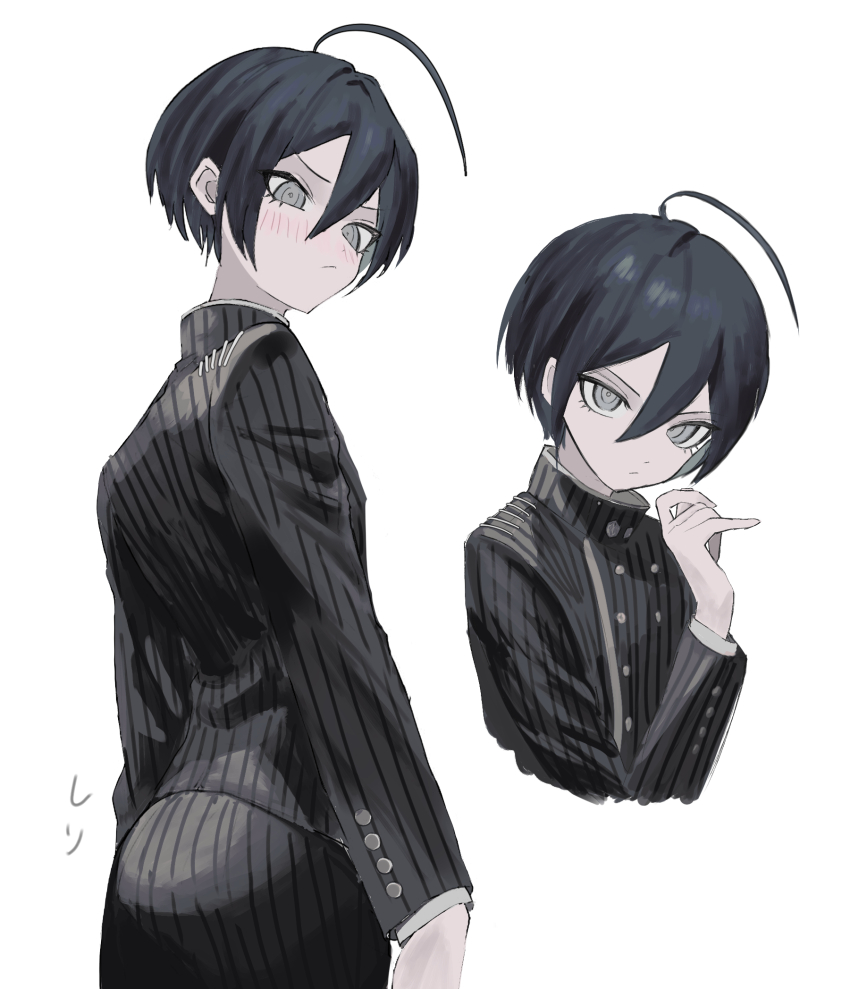 1boy ahoge bishounen black_hair black_jacket blush brown_eyes buttons collared_jacket commentary danganronpa_(series) danganronpa_v3:_killing_harmony embarrassed eyelashes from_behind hair_between_eyes highres holding jacket long_sleeves looking_at_viewer looking_back male_focus muted_color pants pinstripe_jacket pinstripe_pants pinstripe_pattern ringed_eyes saihara_shuichi short_hair simple_background striped_clothes striped_jacket striped_pants sukizukiko vertical-striped_sleeves watermark white_background