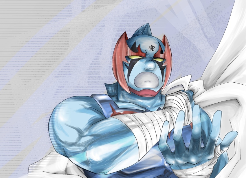 1boy armor artist_request biceps cloak helmet highres kinnikuman large_pectorals mask muscular nemesis_(kinnikuman) pectorals serious shaded_face simple_background unworn_cloak wrestling wrestling_outfit