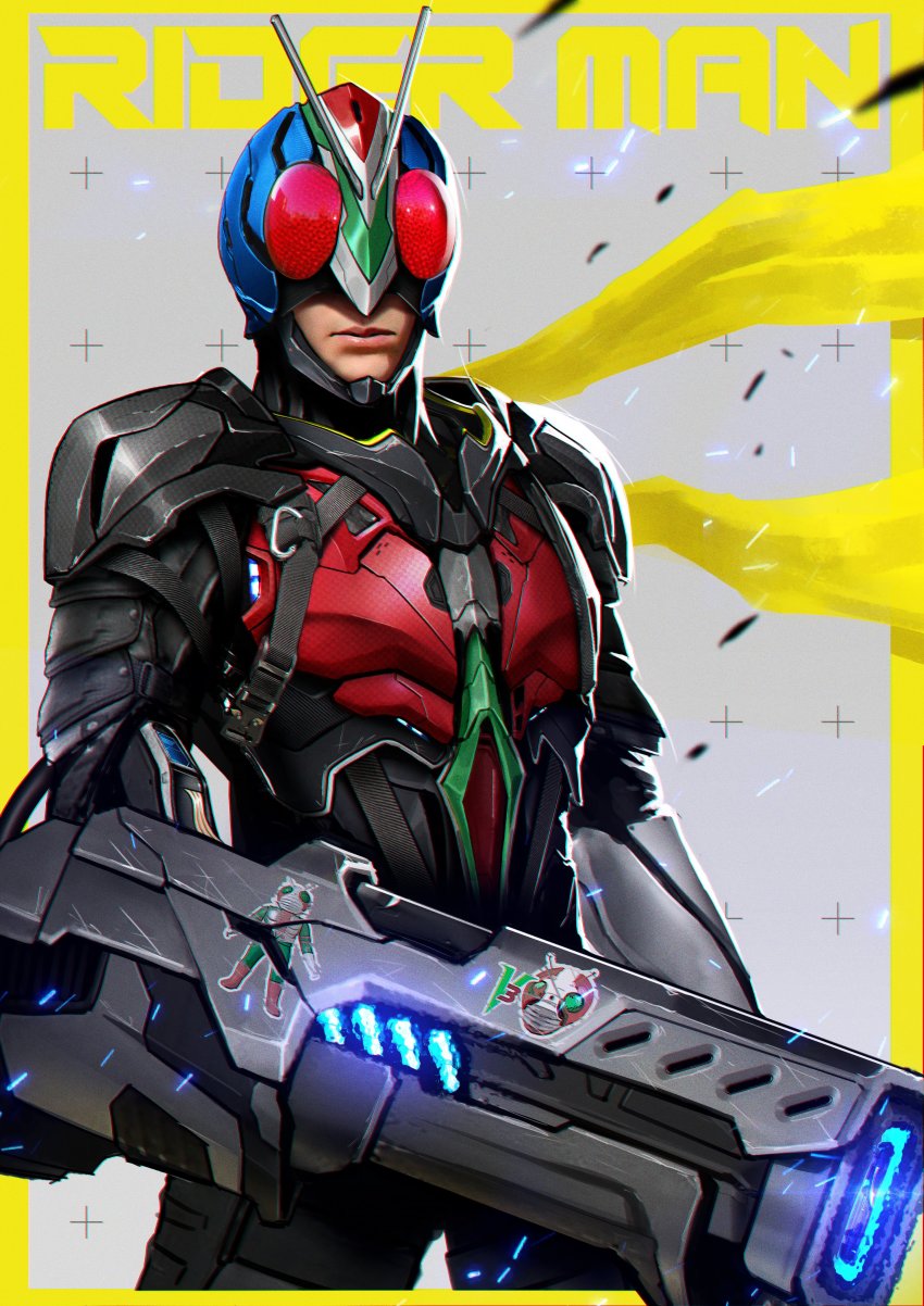 1boy absurdres arm_cannon armor belt commentary_request cyborg gloves helmet highres kamen_rider kamen_rider_v3 kamen_rider_v3_(series) keen_fai male_focus mecha mechanical_arms multiple_boys power_armor red_eyes riderman robot scarf single_mechanical_arm solo sticker stylistic tokusatsu weapon yellow_scarf
