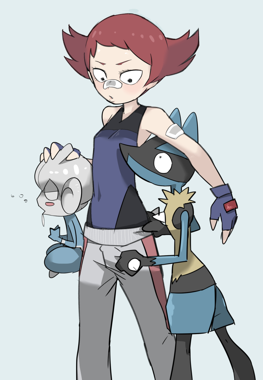 1girl bandaid bandaid_on_arm bandaid_on_face bandaid_on_nose black_eyes blue_background blue_gloves fingerless_gloves gen_3_pokemon gen_4_pokemon gloves highres lucario maylene_(pokemon) meditite nintendo pants parted_lips pokemon pokemon_(creature) pokemon_dppt red_hair saliva short_hair simple_background tank_top tirarizun