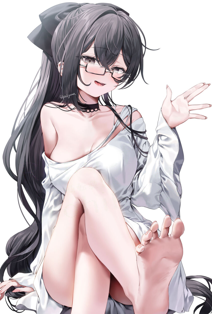 1girl absurdres bare_legs bare_shoulders barefoot black-framed_eyewear black_choker black_eyes black_hair bow breasts choker collarbone commission convenient_leg crossed_legs dress feet glasses hair_bow highres hikinomiya_komori indie_virtual_youtuber large_breasts leg_up long_hair long_sleeves looking_at_viewer looking_over_eyewear off_shoulder open_mouth ponytail presenting_foot semi-rimless_eyewear simple_background sitting skeb_commission smile soles solo thighs toes under-rim_eyewear very_long_hair virtual_youtuber wavy_hair white_background white_dress wide_sleeves yana_mori