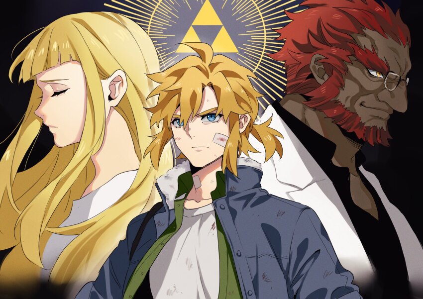 1girl 2boys alternate_universe bandaid bandaid_on_cheek bandaid_on_face beard blonde_hair blue_eyes blue_jacket blunt_bangs closed_eyes commentary contemporary dark-skinned_male dark_skin dirty dirty_clothes dirty_face english_commentary facial_hair frown ganondorf glasses highres jacket link long_sideburns mature_male multiple_boys nintendo ponytail princess_zelda red_hair short_ponytail sideburns smile sushisalmon95 the_legend_of_zelda the_legend_of_zelda:_skyward_sword triforce yellow_eyes
