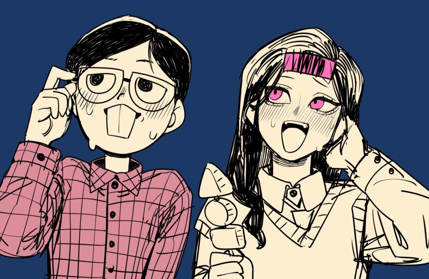 1boy 1girl aegyo_sal black_hair blue_background blush checkered_clothes dokgo_hyeji embarrassed food glasses hair_rollers highres holding long_hair looking_at_another mole mole_under_eye necktie oden pink_eyes red_shirt shirt simple_background sparrowl sweat vest waktaverse