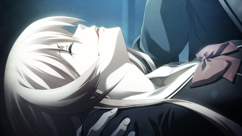 1boy 1girl black_dress black_jacket blazer bleeding blood blood_from_mouth blood_on_face blurry blurry_background bow breasts chaos;child chest_bow cropped_jacket crying dress dying facing_up game_cg hekiho_academy hekiho_academy_school_uniform highres holding holding_another&#039;s_arm injury jacket kurusu_nono long_hair long_sleeves lying medium_breasts miyashiro_takuru non-web_source official_art on_back open_mouth orange_hair red_bow red_hair sailor_collar sasaki_mutsumi school_uniform shirt shoulder_grab streaming_tears tears teeth upper_teeth_only white_sailor_collar