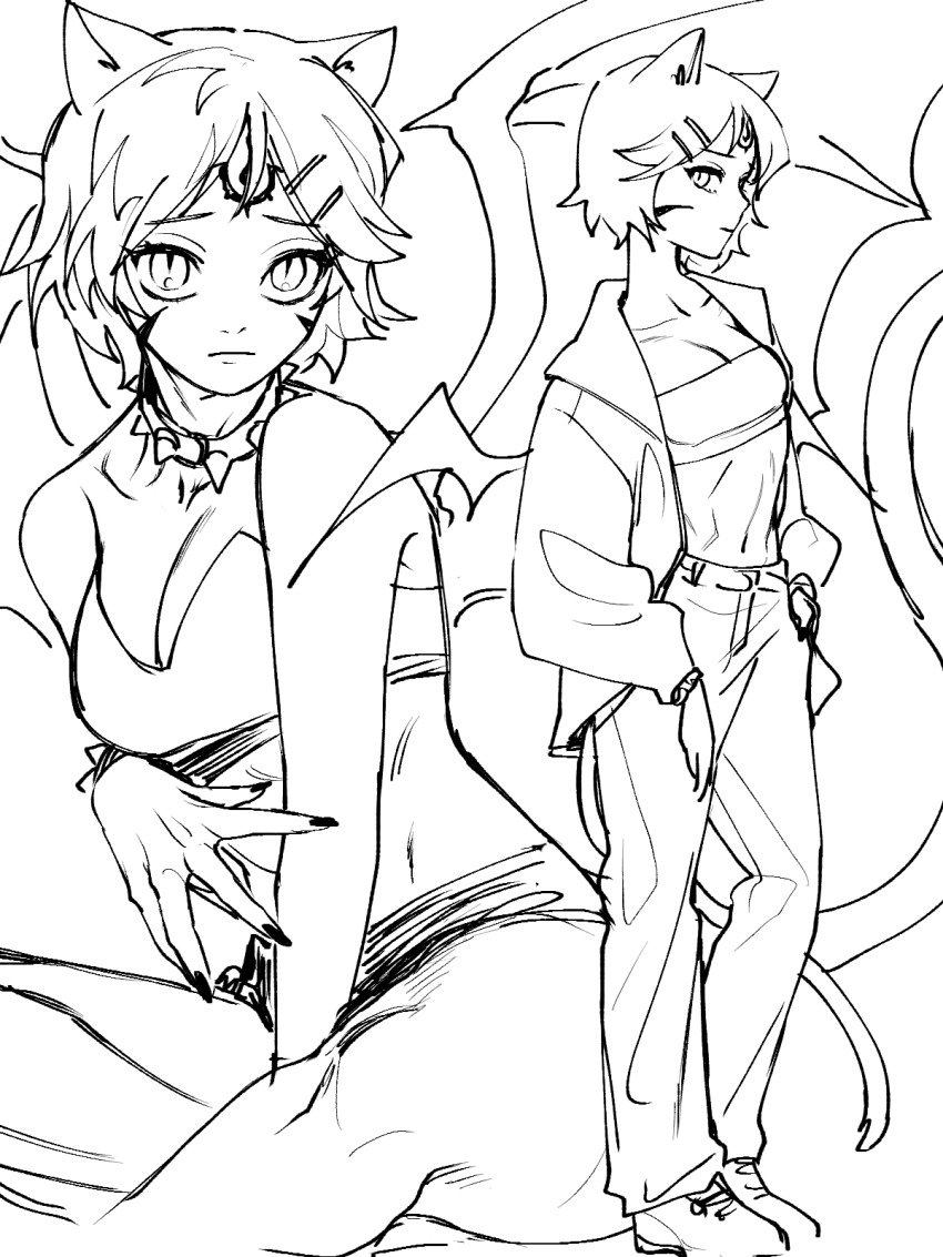 animal_ears black_nails breasts cat_ears cat_girl cleavage closed_mouth demon_wings eyelashes facial_mark forehead_mark hair_ornament hairclip highres jacket maplestory monochrome multiple_views navel original pants parallel_hairclips qjqjqjql short_hair sketch slit_pupils wings