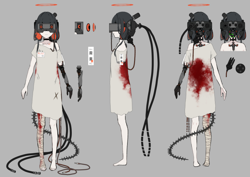 1girl artificial_eye bandaged_leg bandages barcode barcode_tattoo barefoot black_hair blood blood_on_clothes bloody_bandages cable choker collarbone colored_inner_hair cyborg from_behind from_side grey_background halo head-mounted_display headgear highres hospital_gown id_card low_twintails mechabare mechanical_arms mechanical_tail multicolored_hair multiple_views number_tattoo off_shoulder orange_hair orange_halo original pale_skin prosthesis prosthetic_arm reference_sheet single_mechanical_arm tail tattoo turnaround twintails zenmaibook