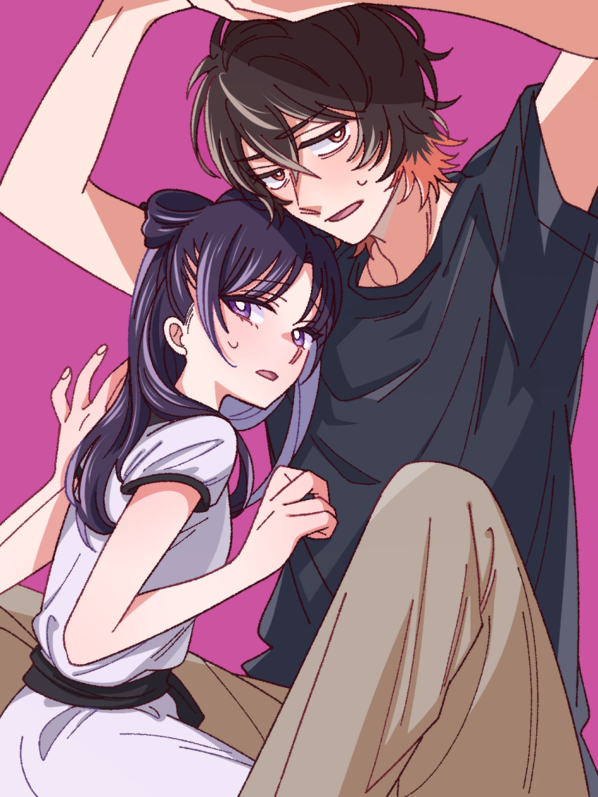 1boy 1girl arms_up black_hair black_shirt blush brown_eyes brown_hair brown_pants dress hair_between_eyes hetero highres looking_at_viewer magami_keigo miyao_nemu pants pink_background purple_eyes shirt short_sleeves simple_background sitting sweatdrop t-shirt white_dress witch_watch yoshitaka_(palooo)