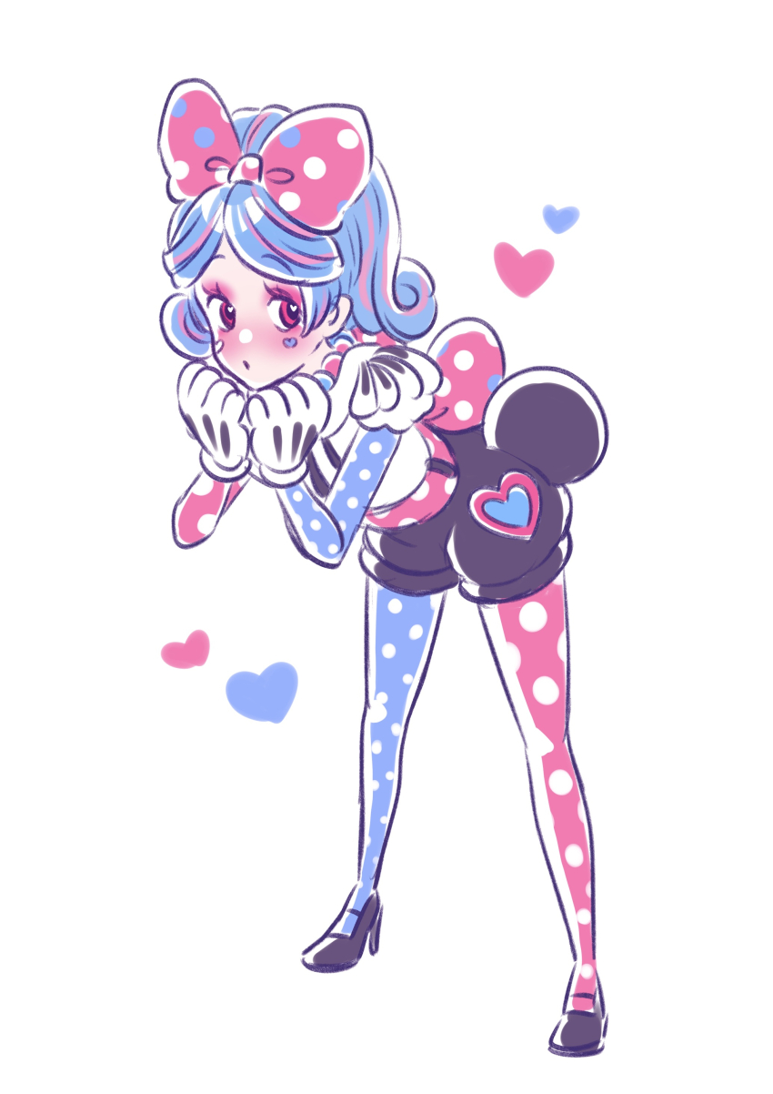 1girl absurdres aoiyuuna_811 black_hair bow disneyland dress gloves hair_bow hig highres humanization looking_at_viewer makeup mickey_mouse_&amp;_friends minnie_mouse polka_dot short_hair smile solo white_gloves