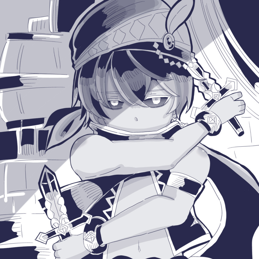 1boy arabian_clothes black_sclera colored_sclera covered_mouth dagger dual_wielding earrings grimms_echoes highres holding holding_dagger holding_knife holding_weapon jewelry knife male_focus navel scarf solo source_request turban upper_body user_sjtw2272 void_aladdin_(grimms_echoes) weapon
