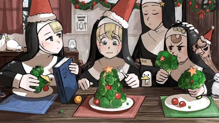 4girls :&gt; ^_^ bird blonde_hair blue_bow blue_eyes book bow broccoli brown_hair carrot chair cheating_(competitive) chicken christmas_ornaments christmas_tree christmas_wreath closed_eyes clumsy_nun_(diva) commentary covering_privates crying curtains diva_(hyxpk) drawer drooling duck eating english_commentary food fork froggy_nun_(diva) fruit garland_(decoration) habit hair_bow hand_on_another&#039;s_head hat highres holding holding_book holding_food holding_fork little_nuns_(diva) mandarin_orange melting mouse_(animal) mouse_tail multiple_girls nervous_sweating nun ostrich peas peeking pinecone placemat plate poster_(object) puddle red_bow ribbon santa_hat scared silhouette slice_of_life snow snow_globe snowman spicy_nun_(diva) star_(symbol) star_nun_(diva) sticker sweat sweatdrop table tail tears tomato traditional_nun vegetable window wooden_door wooden_table wreath