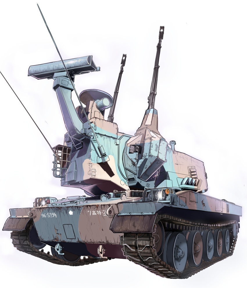 absurdres anti-aircraft anti-aircraft_gun autocannon cannon caterpillar_tracks commentary_request highres izushi_(keeki) military military_vehicle motor_vehicle no_humans oerlikon_gdf oerlikon_gdf_35_mm_twin_cannon original self-propelled_anti-aircraft-gun self-propelled_anti-aircraft_weapon self-propelled_gun tank turret type_87_self-propelled_anti_aircraft_gun vehicle_focus white_background