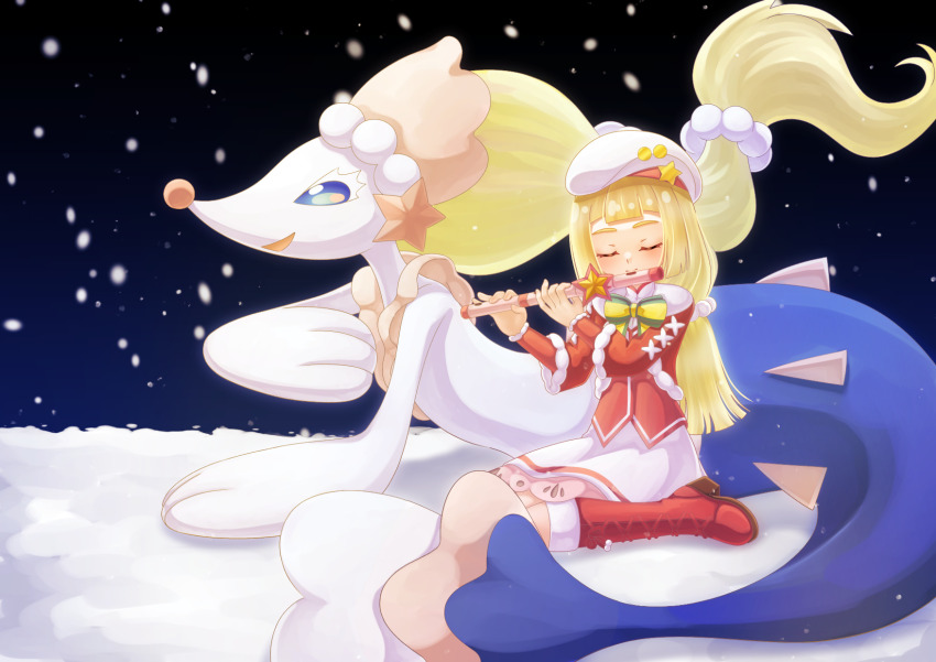 1girl beads beret blonde_hair blunt_bangs boots closed_eyes commentary_request flute gen_7_pokemon hair_beads hair_ornament hands_up hat highres holding holding_flute holding_instrument instrument jacket jyouka lace-up_boots lillie_(holiday_2024)_(pokemon) lillie_(pokemon) long_hair music night nintendo official_alternate_costume outdoors playing_instrument pokemon pokemon_(creature) pokemon_masters_ex primarina red_footwear red_jacket sitting snow snowing white_hat