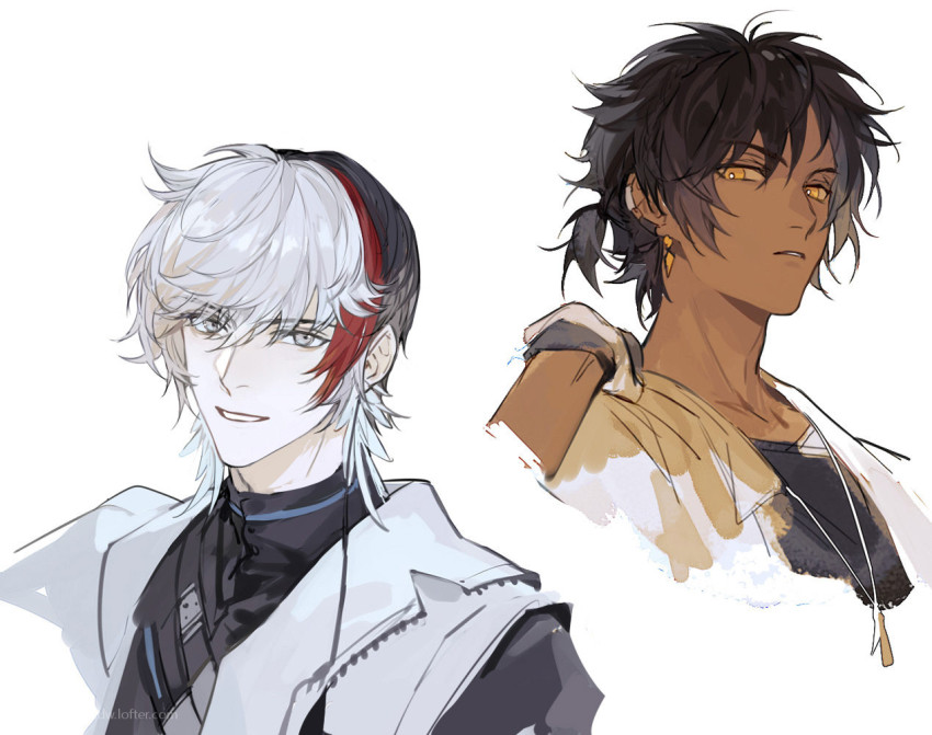 2boys arknights black_hair black_shirt chinese_commentary coat commentary_request dark-skinned_male dark_skin earclip earrings elysium_(arknights) feather_hair frown gloves grey_eyes hand_up jewelry looking_at_viewer male_focus multicolored_hair multiple_boys necklace parted_lips ponytail red_hair shirt short_ponytail simple_background smile streaked_hair thorns_(arknights) upper_body white_background white_coat white_gloves white_hair xiandao1213 yellow_eyes