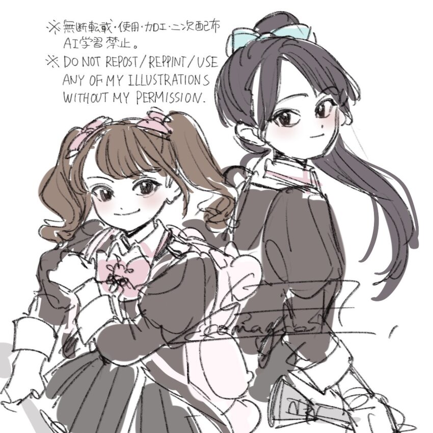 2girls animal_bag artist_name assault_lily backpack bag bear_bag black_eyes black_hair black_jacket black_skirt blue_bow blush bow bowtie brown_hair closed_mouth collared_shirt commentary_request cowboy_shot hair_bow hand_up high_ponytail highres holding holding_weapon houjou_monica_asahi jacket juliet_sleeves komuzuka long_hair long_sleeves looking_at_viewer looking_to_the_side ludvico_private_girls&#039;_academy_school_uniform medium_hair multiple_girls narumi_clara_yuuko pink_bow pink_bowtie pleated_skirt ponytail puffy_sleeves school_uniform shirt side_ponytail signature simple_background sketch skirt smile standing twintails watermark weapon white_background white_shirt