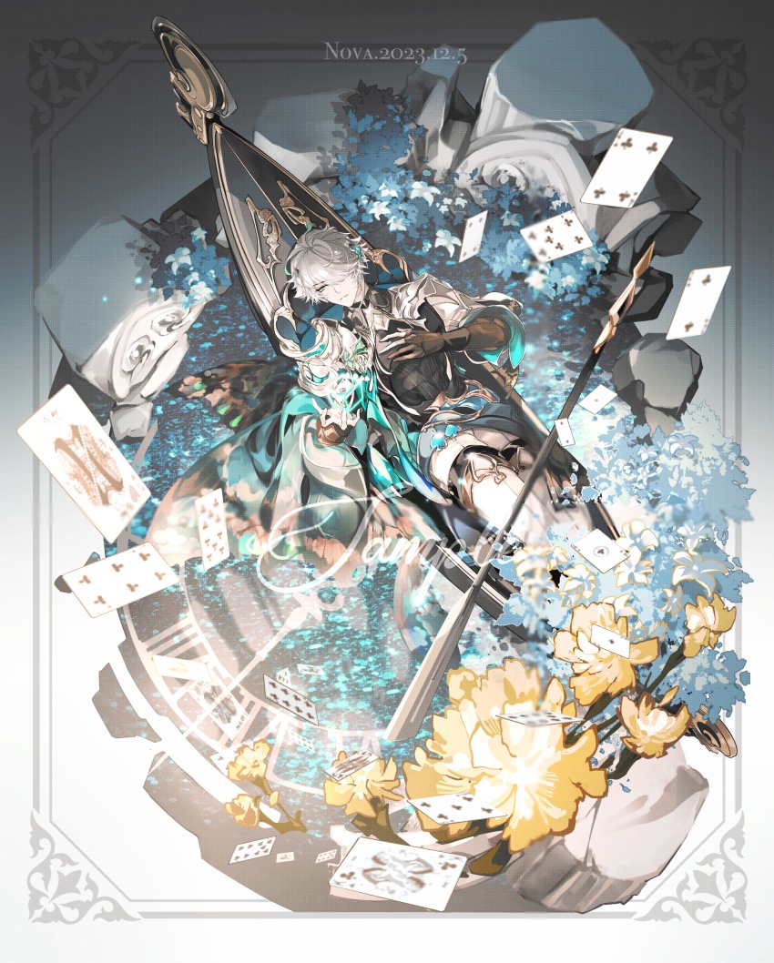 1boy absurdres alhaitham_(genshin_impact) alternate_costume analog_clock black_gloves black_shirt blue_gemstone blue_sash boat broken_pillar brooch bush card chinese_commentary clock closed_mouth collared_shirt cowboy_shot cowlick cube dated elbow_gloves expressionless floating_card flower from_above gem genshin_impact gloves gondola green_eyes green_hair grey_background grey_hair hair_ornament hair_over_one_eye hairclip hand_on_own_chest hand_up highres holding_cube jewelry looking_at_object looking_to_the_side lying male_focus multicolored_hair nnnnnova oar object_floating_above_hand on_back on_boat pants partially_fingerless_gloves playing_card procreate_(medium) rock sample_watermark sash shirt short_hair shrug_(clothing) side_cape single_glove solo spade_(shape) streaked_hair thigh_strap three-quarter_sleeves water watercraft watermark white_flower white_pants white_sleeves wing_cape yellow_flower
