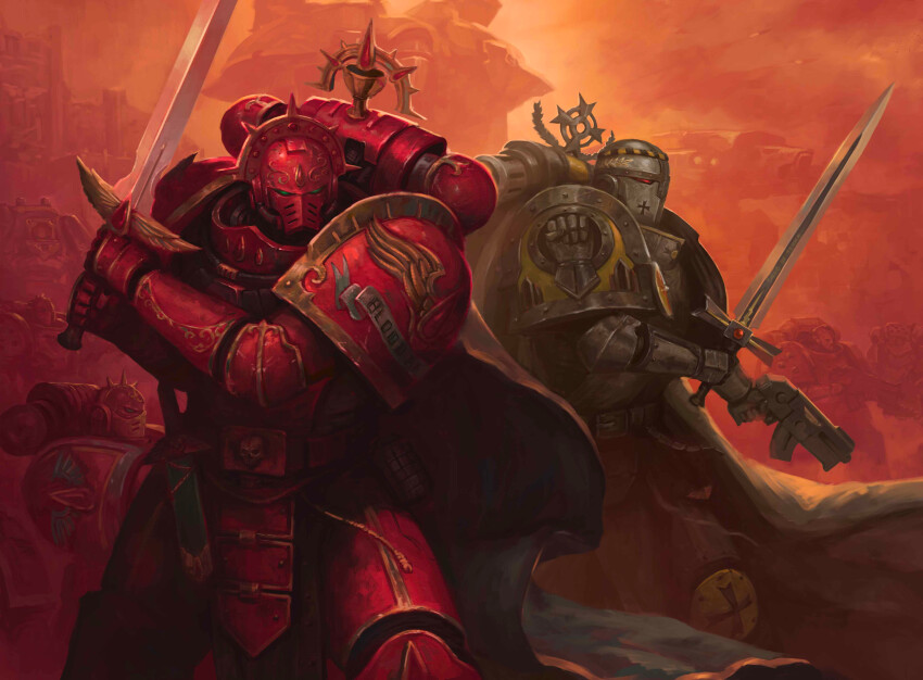 absurdres adeptus_astartes armor armored_boots battle blood_angels boots breastplate commentary couter crotch_plate cuirass dagger damaged english_commentary english_text fighting_stance gauntlets greaves grey_armor heavy_bolter helm helmet highres holding holding_sword holding_weapon imperial_fists kheljay knife leg_armor male_focus medium_hair multiple_boys outdoors pauldrons pelvic_curtain poleyn power_armor red_armor rerebrace shoulder_armor sword titan_(warhammer_40k) warhammer_40k weapon