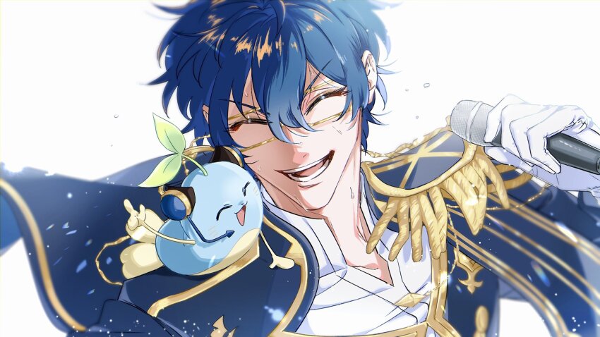 1boy animal animal_on_shoulder aqua_eyes blue_hair closed_eyes epaulettes flying_sweatdrops gagake_v glasses gloves hair_between_eyes headset highres holding holding_microphone leos_vincent male_focus mameneko_(leos_vincent) microphone nijisanji nijisanji_idol_uniform open_mouth shirt short_hair single_epaulette smile sweat teeth upper_body virtual_youtuber white_gloves white_shirt yellow-framed_eyewear