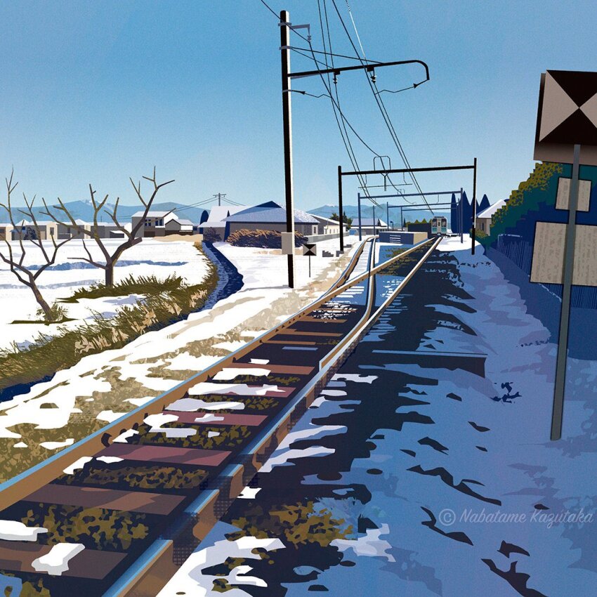 blue_sky building commentary day house nabatame_kazutaka nagano_prefecture no_humans original outdoors railroad_tracks sky snow tree utility_pole winter