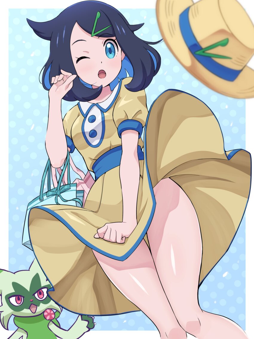 1girl absurdres alternate_costume bare_legs blue_eyes blue_hair floragato gen_9_pokemon hat highres liko_(pokemon) nintendo no_panties one_eye_closed pokemoa pokemon pokemon_(anime) pokemon_(creature) pokemon_horizons standing