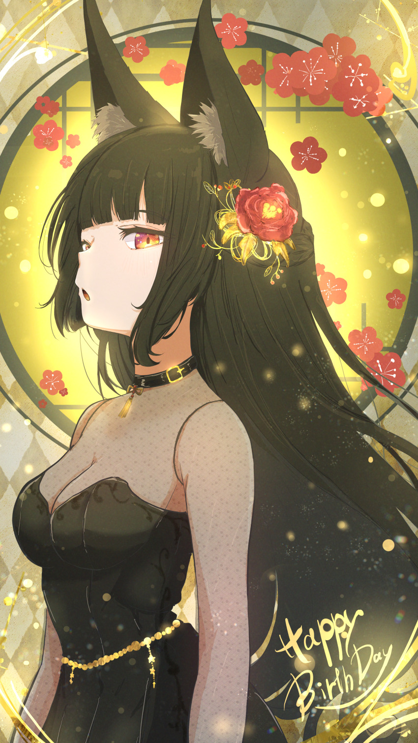 1girl :o absurdres animal_ear_fluff animal_ears black_choker black_dress black_hair blunt_bangs breasts chain choker cleavage commentary_request dress facing_to_the_side flower fox_ears fox_girl from_side gold_buckle gold_chain hair_flower hair_ornament happy_birthday highres hoshimi_miyabi jewelry kurone_sc light_particles long_hair looking_at_viewer medium_breasts pendant pendant_choker red_eyes red_flower see-through_cleavage see-through_clothes see-through_dress see-through_sleeves sidelocks strapless strapless_dress upper_body zenless_zone_zero